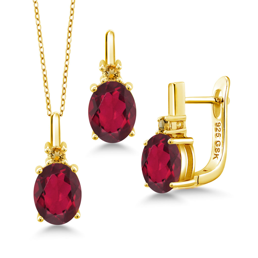 Ruby Red Mystic Quartz_Pendant Earrings Set in 925 Yellow Gold Plated Silver