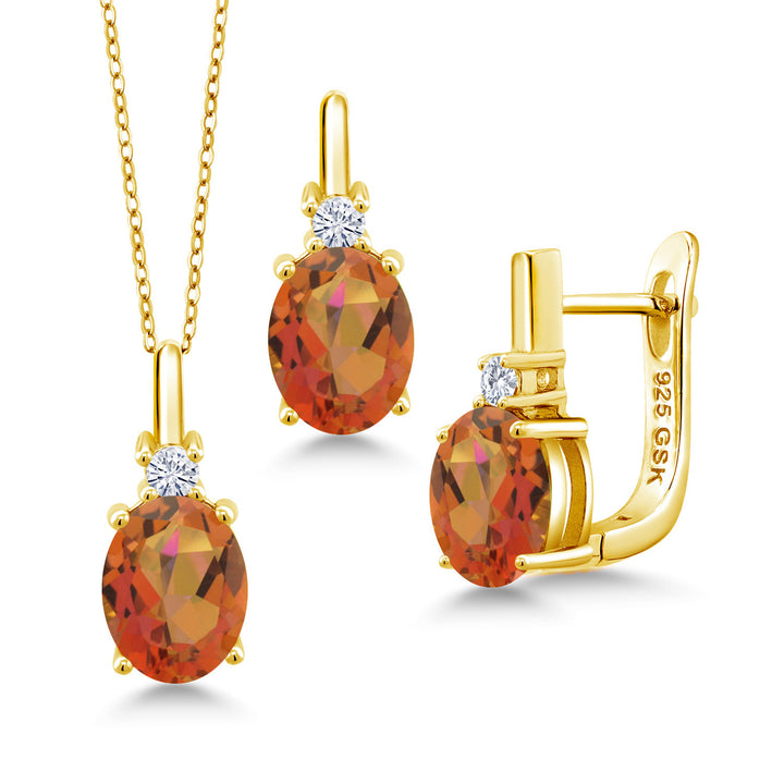 Twilight Orange Mystic Quartz_Pendant Earrings Set in 925 Yellow Gold Plated Silver