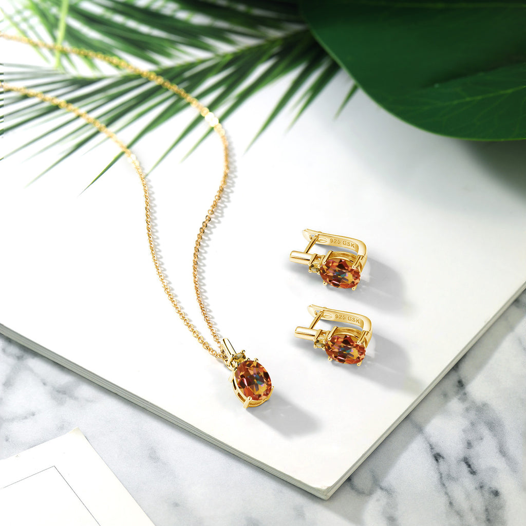 Mystic Topaz_Pendant Earrings Set in 925 Yellow Gold Plated Silver