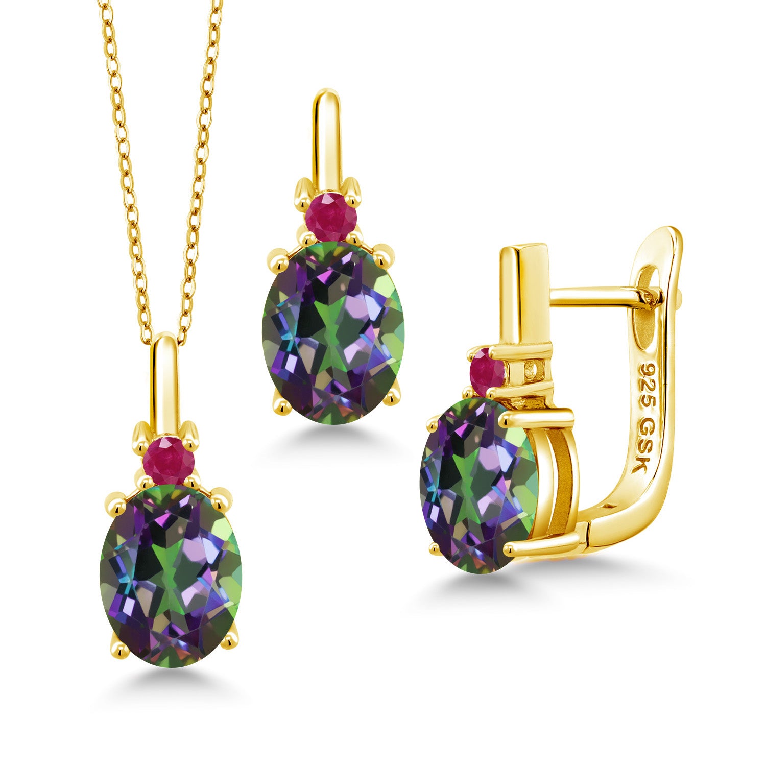Green Mystic Topaz_Pendant Earrings Set in 925 Yellow Gold Plated Silver
