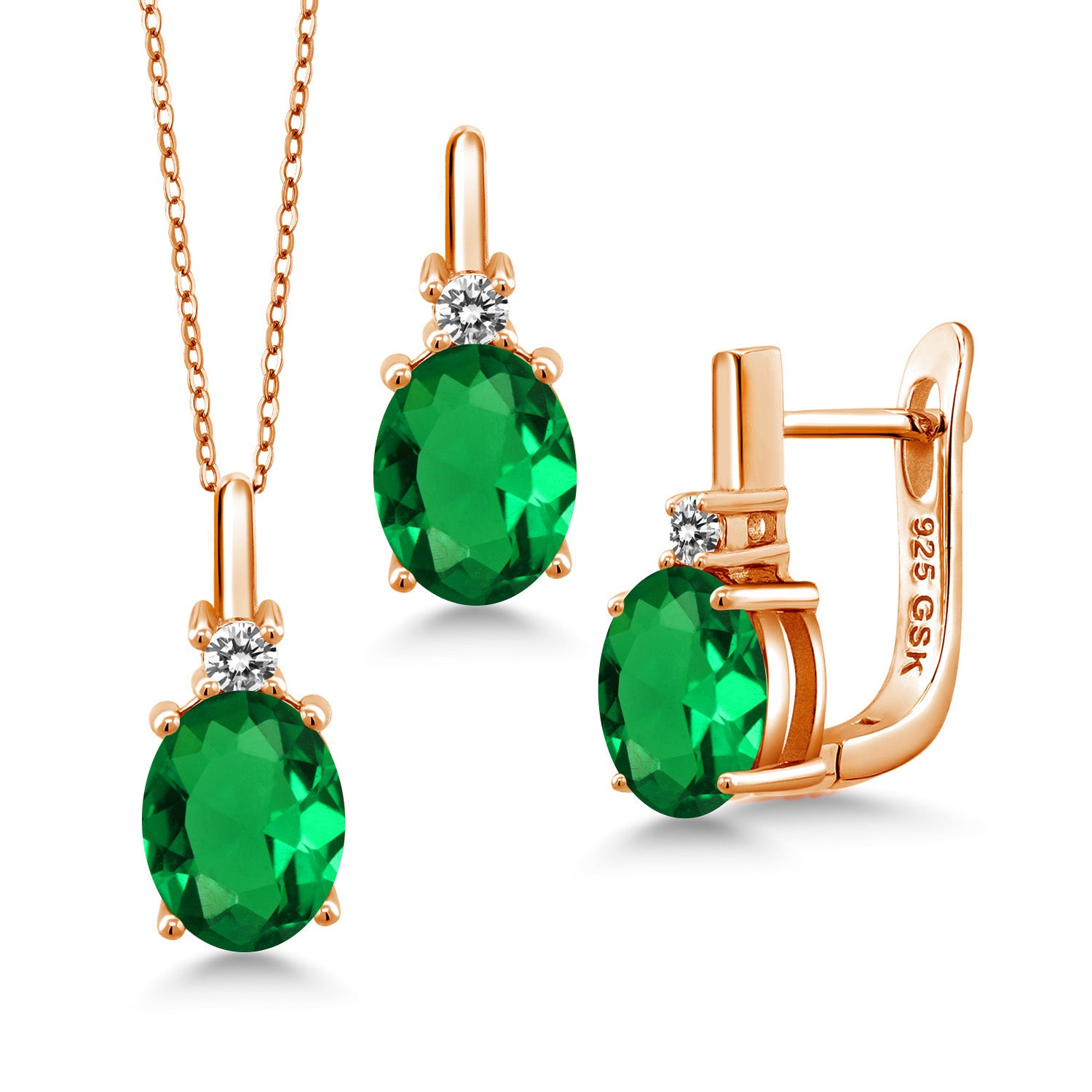 Nano Emerald - May_Pendant Earrings Set in 925 Rose Gold Plated Silver
