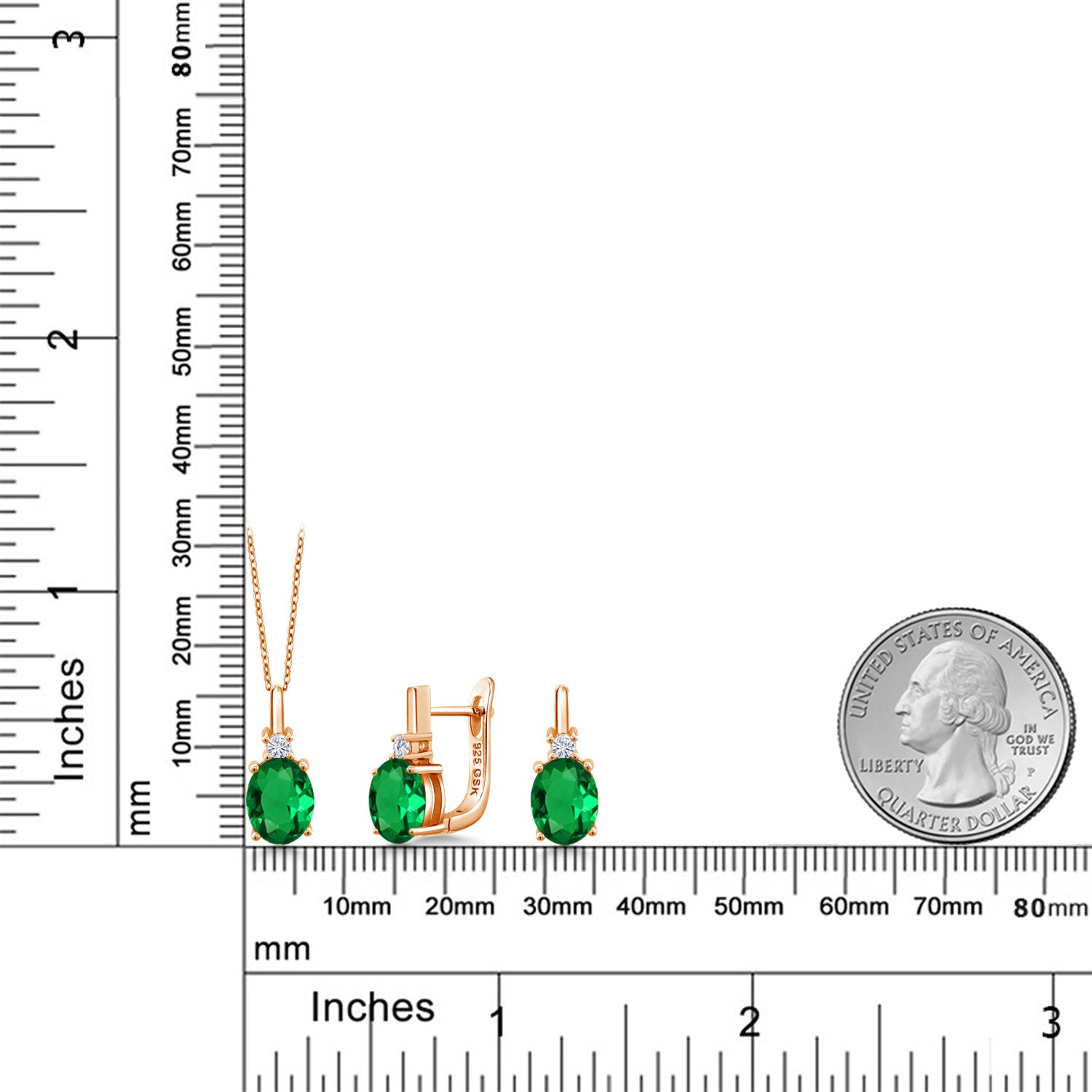 Nano Emerald - May_Pendant Earrings Set in 925 Rose Gold Plated Silver