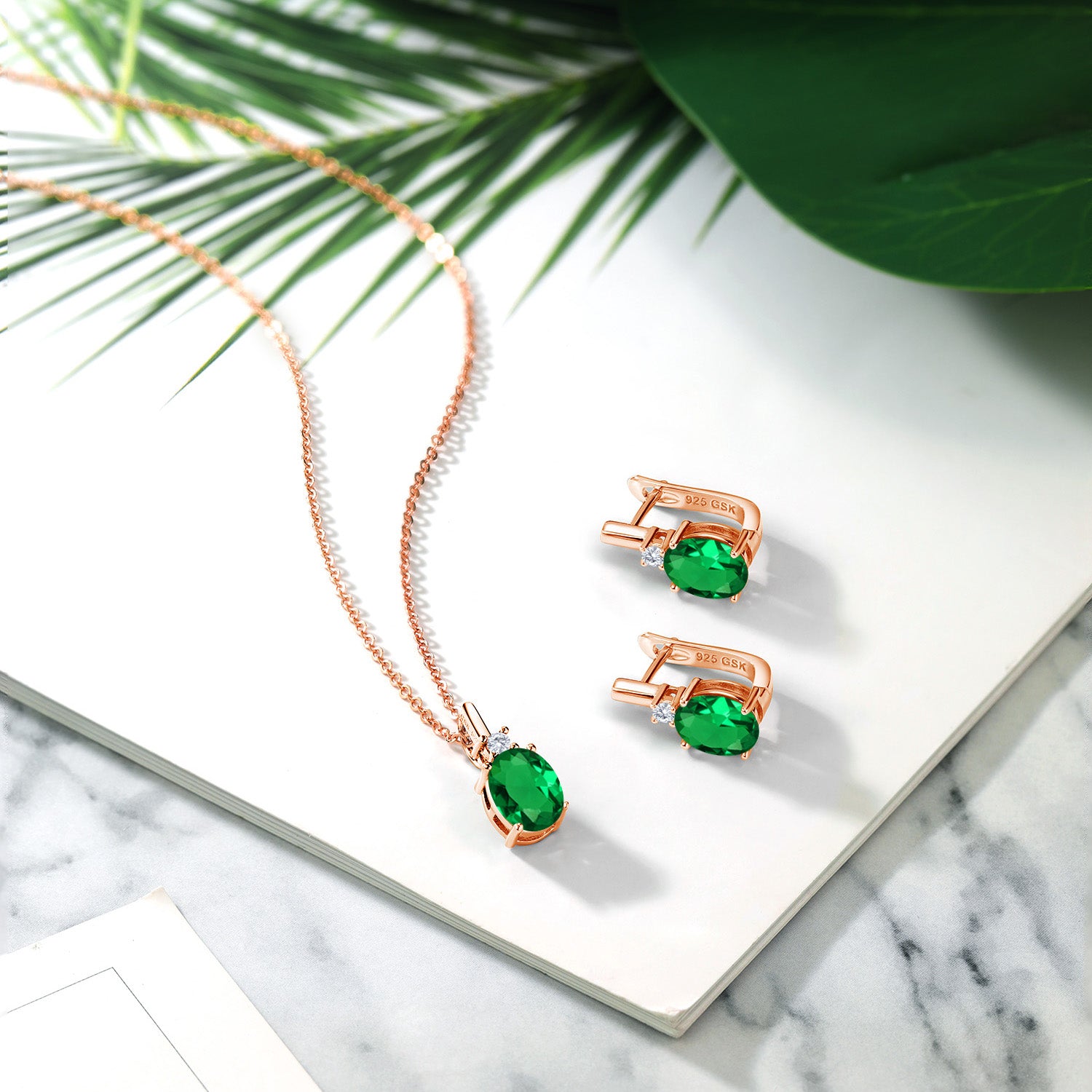 Nano Emerald - May_Pendant Earrings Set in 925 Rose Gold Plated Silver