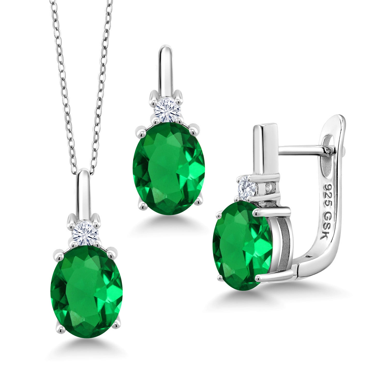 4.70 Cttw Green Nano Emerald and White Lab Grown Diamond 925 Sterling Silver Pendant and Earrings Jewelry Set For Women | With 18 Inch Chain