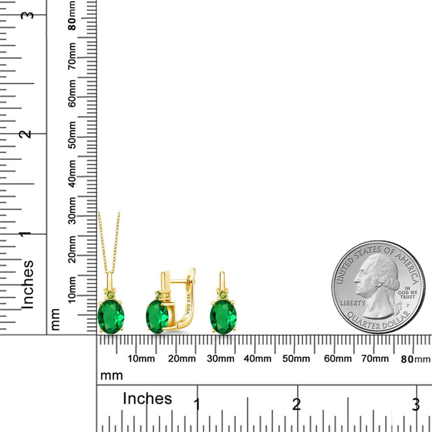 Nano Emerald - May_Pendant Earrings Set in 925 Yellow Gold Plated Silver