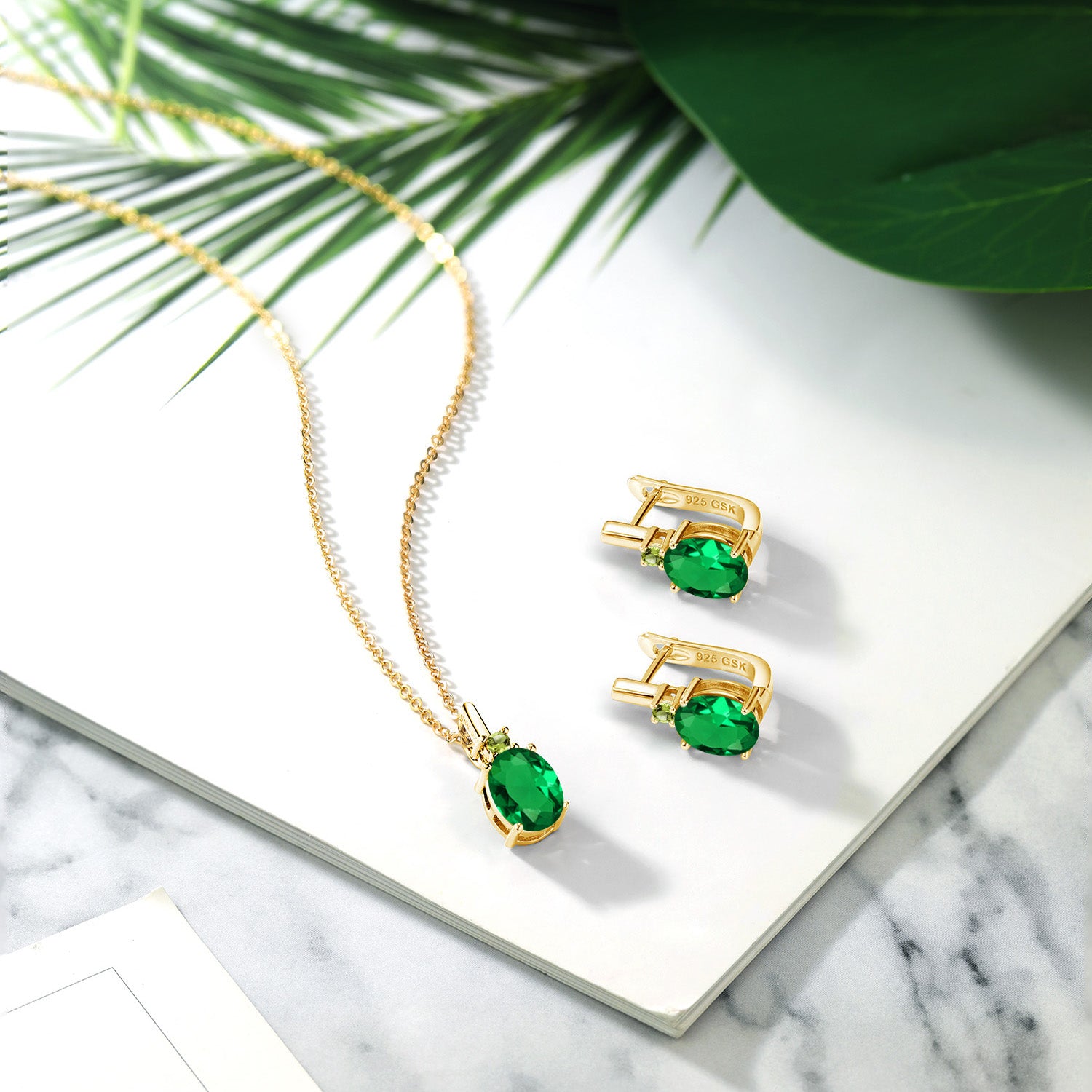 Nano Emerald - May_Pendant Earrings Set in 925 Yellow Gold Plated Silver