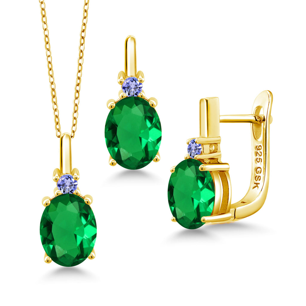 Nano Emerald - May_Pendant Earrings Set in 925 Yellow Gold Plated Silver