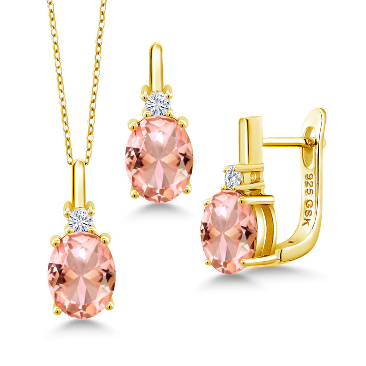 Nano Morganite - October_Pendant Earrings Set in 925 Yellow Gold Plated Silver