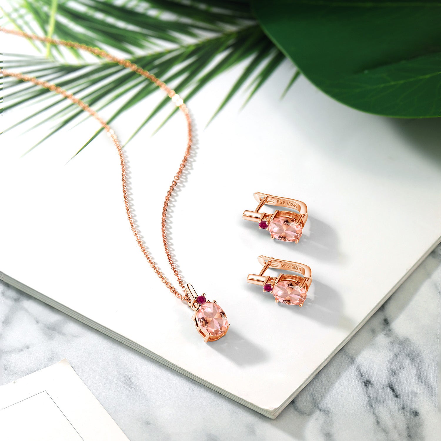 Nano Morganite - October_Pendant Earrings Set in 925 Rose Gold Plated Silver