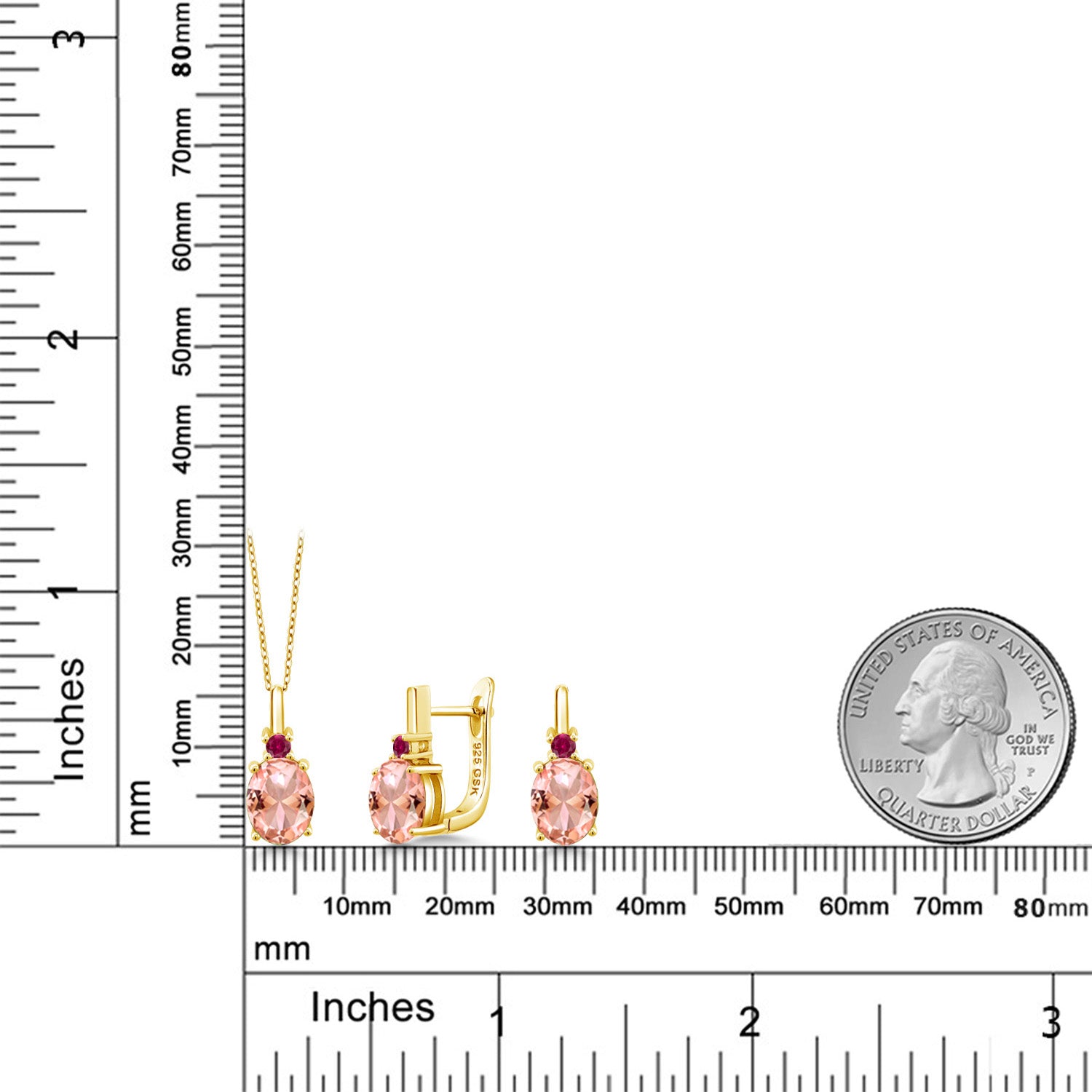 Nano Morganite - October_Pendant Earrings Set in 925 Yellow Gold Plated Silver