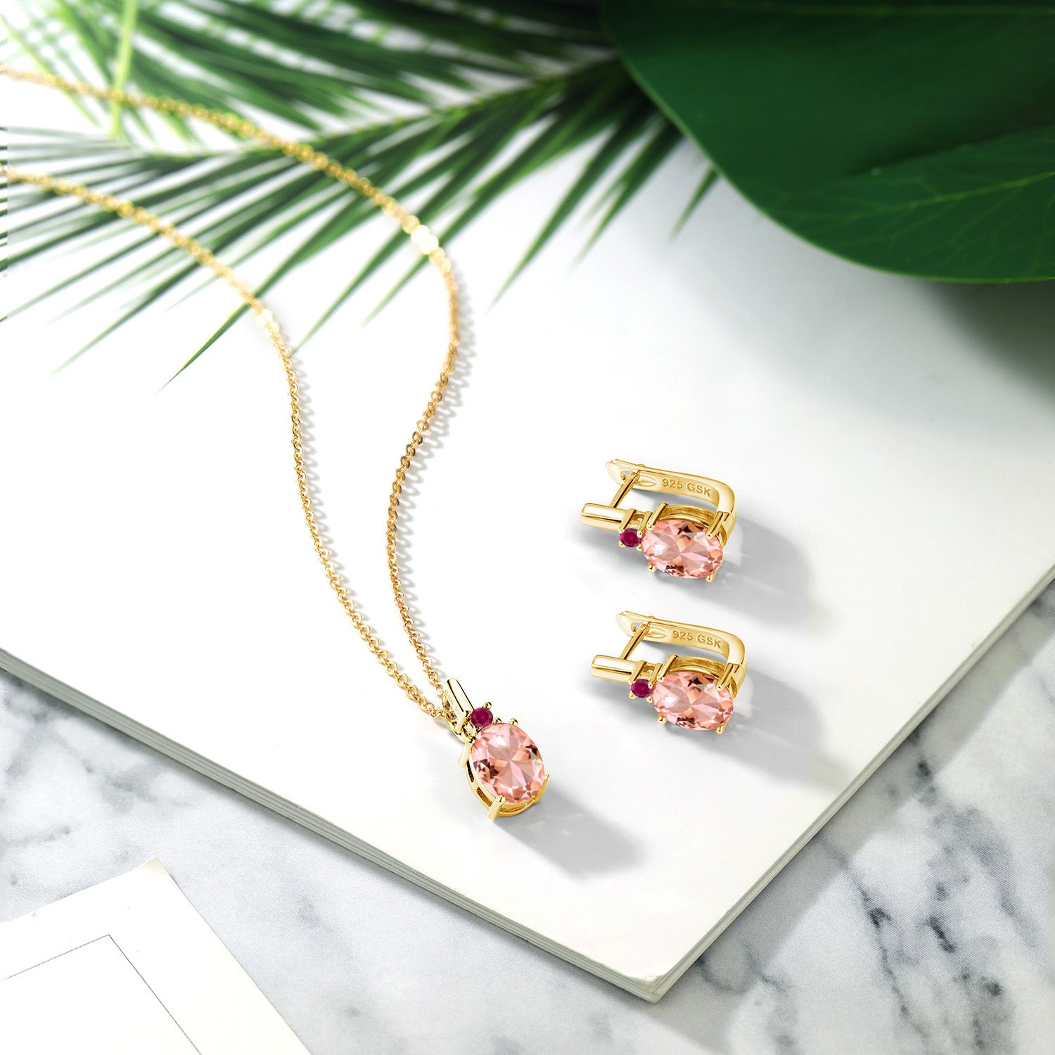 Nano Morganite - October_Pendant Earrings Set in 925 Yellow Gold Plated Silver