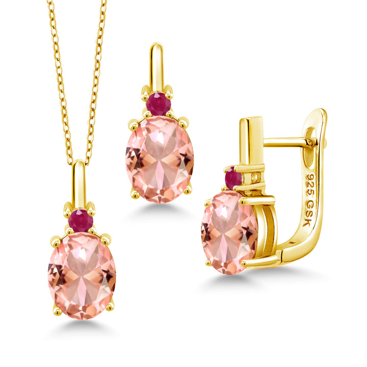 Nano Morganite - October_Pendant Earrings Set in 925 Yellow Gold Plated Silver