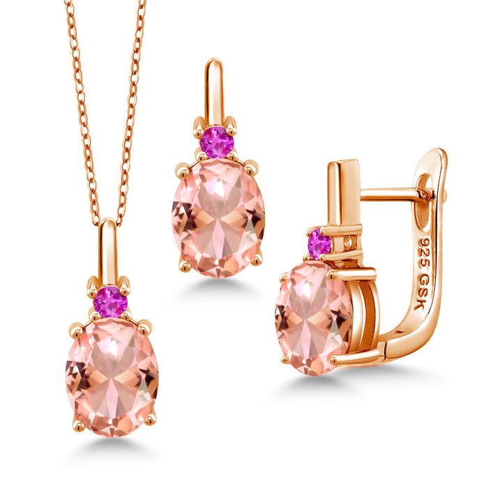 Nano Morganite - October_Pendant Earrings Set in 925 Rose Gold Plated Silver