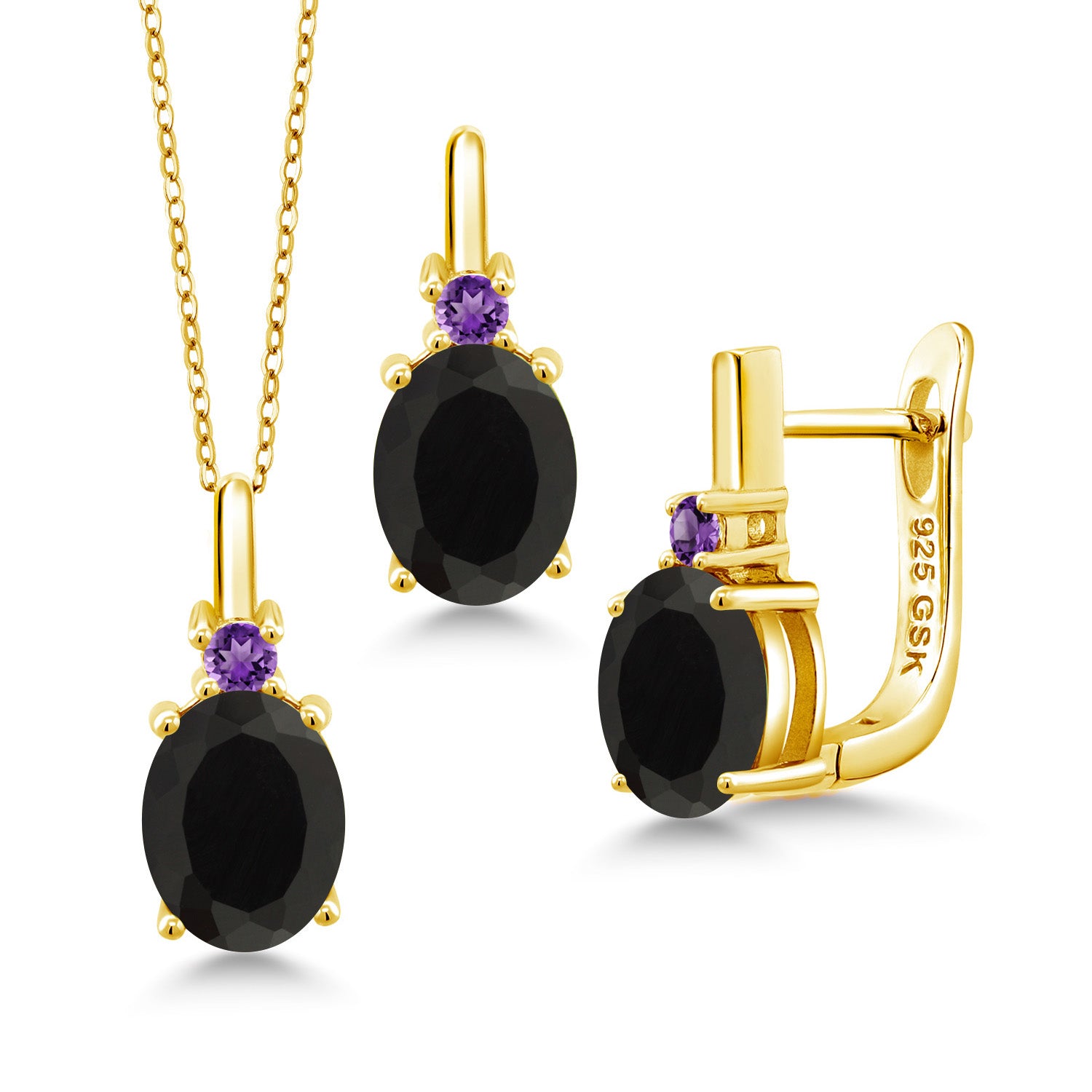 Onyx - December_Pendant Earrings Set in 925 Yellow Gold Plated Silver