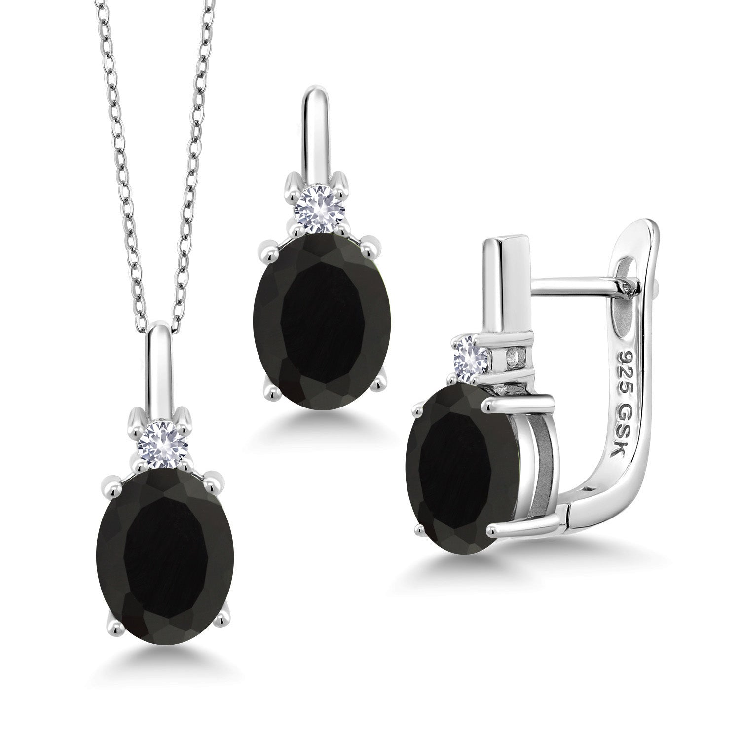 6.05 Cttw 925 Sterling Silver Black Onyx and White Created Sapphire Pendant Earrings Set For Women | Gemstone Birthstone | With 18 Inch Silver Chain