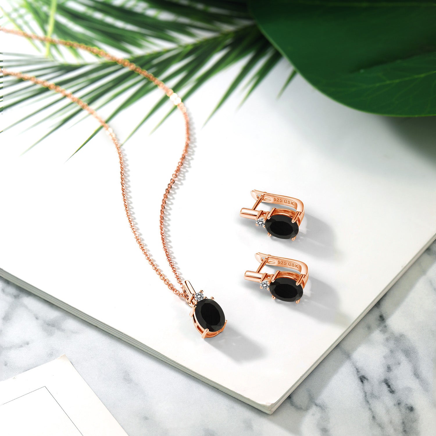 Onyx - December_Pendant Earrings Set in 925 Rose Gold Plated Silver