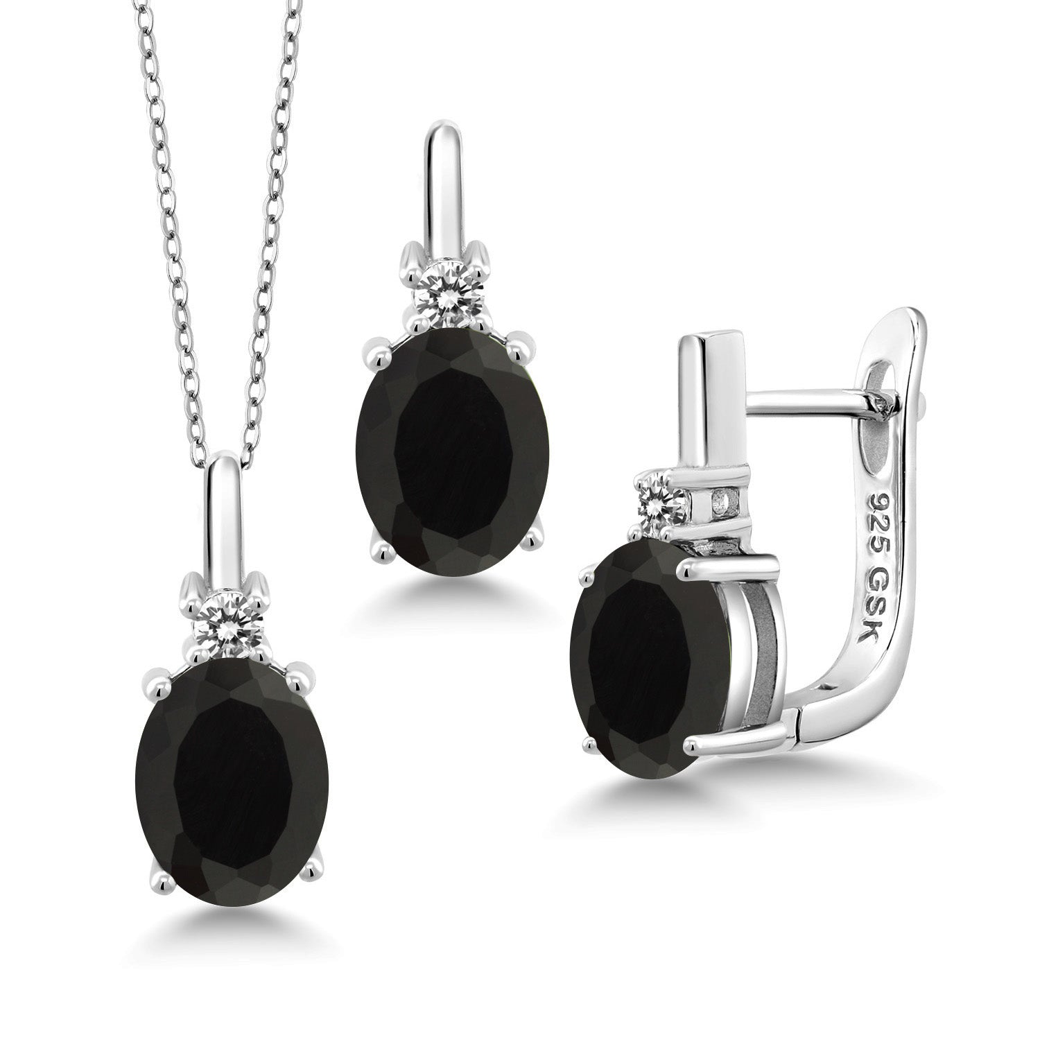 925 Sterling Silver Black Onyx and White Diamond Pendant and Earrings Jewelry Set For Women (4.96 Cttw, Oval 9X7MM, Gemstone Birthstone, With 18 Inch Chain)