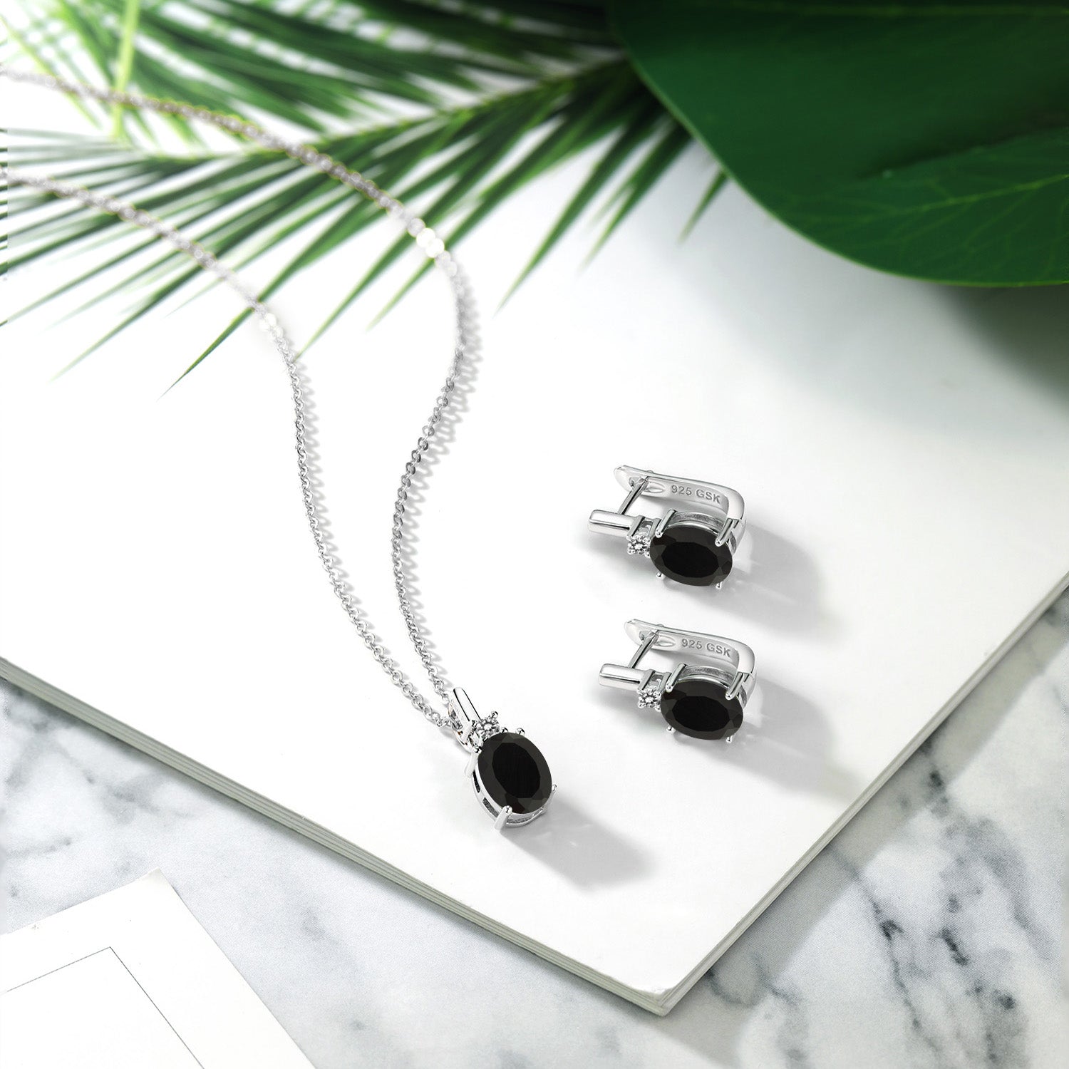 925 Sterling Silver Black Onyx and White Diamond Pendant and Earrings Jewelry Set For Women (4.96 Cttw, Oval 9X7MM, Gemstone Birthstone, With 18 Inch Chain)