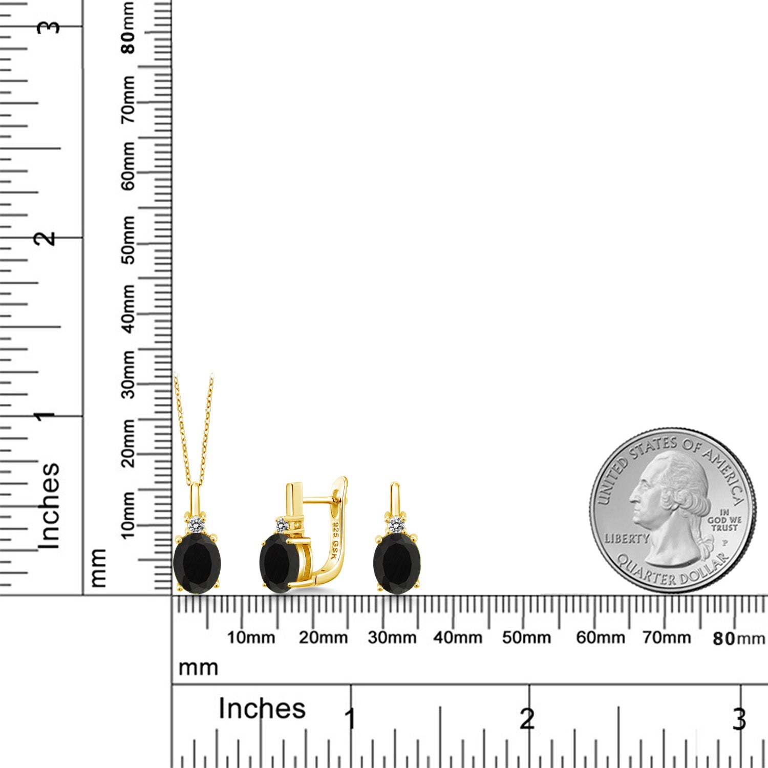 Onyx - December_Pendant Earrings Set in 925 Yellow Gold Plated Silver