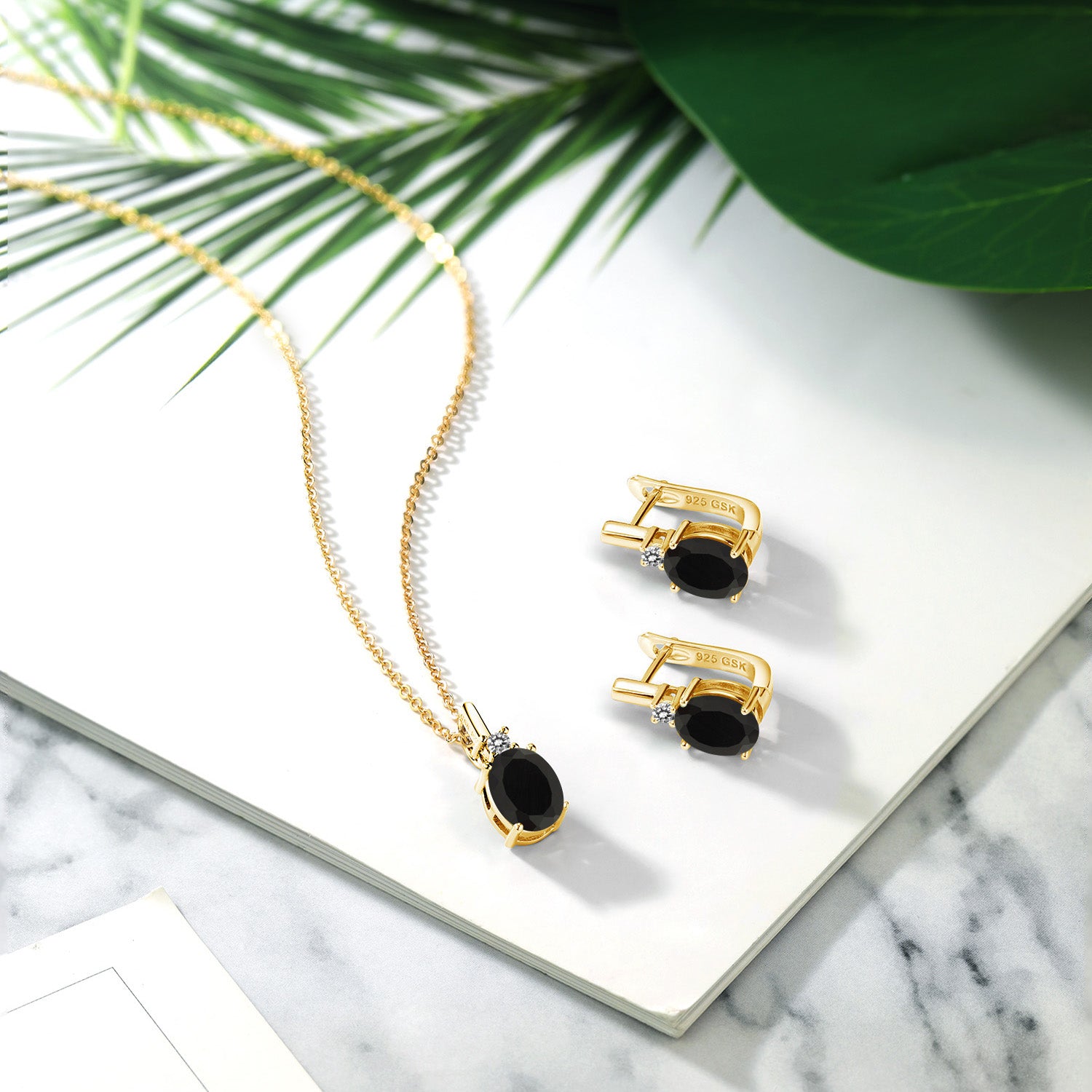 Onyx - December_Pendant Earrings Set in 925 Yellow Gold Plated Silver