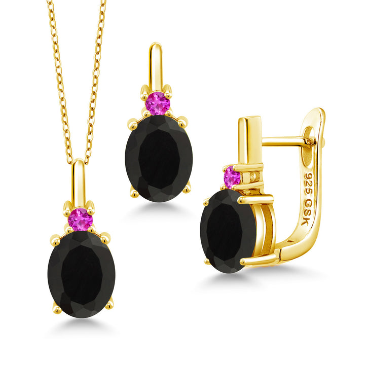 Onyx - December_Pendant Earrings Set in 925 Yellow Gold Plated Silver