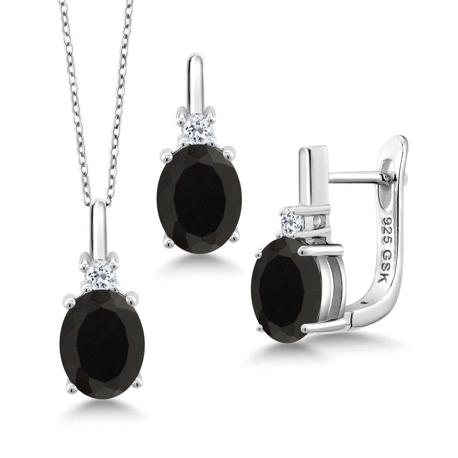 925 Sterling Silver Oval Black Onyx and White Topaz Pendant and Earrings Jewelry Set For Women (4.97 Cttw, Gemstone Birthstone, with 18 Inch Silver Chain)