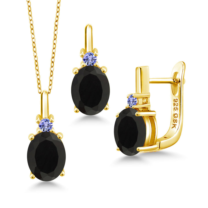 Onyx - December_Pendant Earrings Set in 925 Yellow Gold Plated Silver
