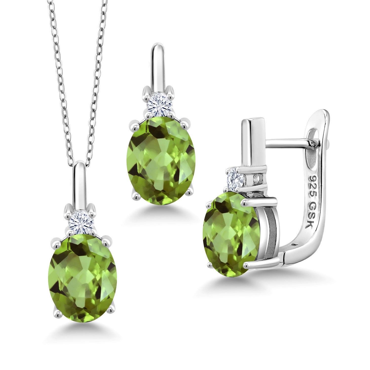 925 Sterling Silver Pendant and Earrings Jewelry Set Oval Green Peridot and Moissanite (6.36 Cttw, Gemstone Birthstone, with 18 Inch Silver Chain)