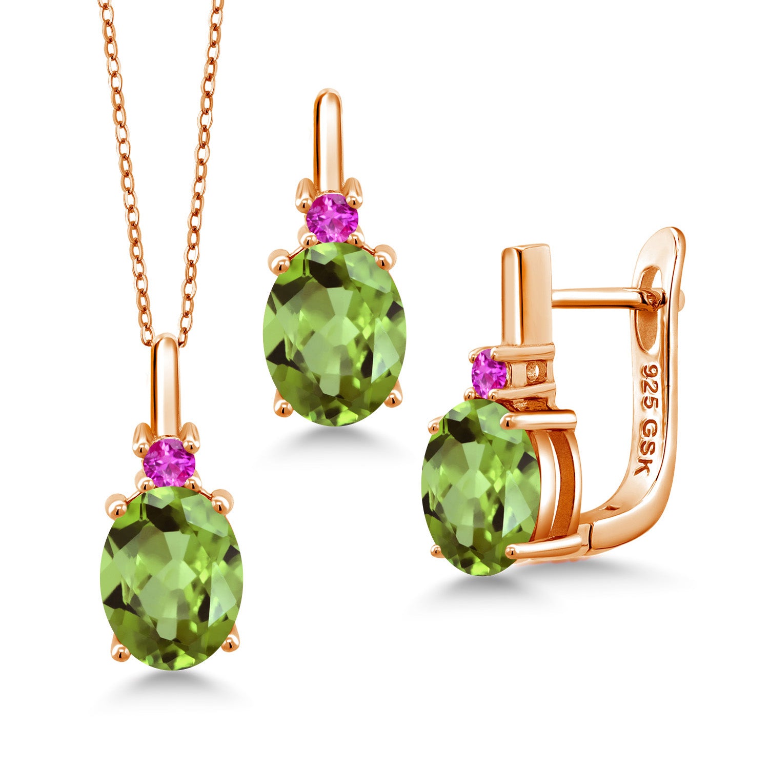 Peridot - August_Pendant Earrings Set in 925 Rose Gold Plated Silver