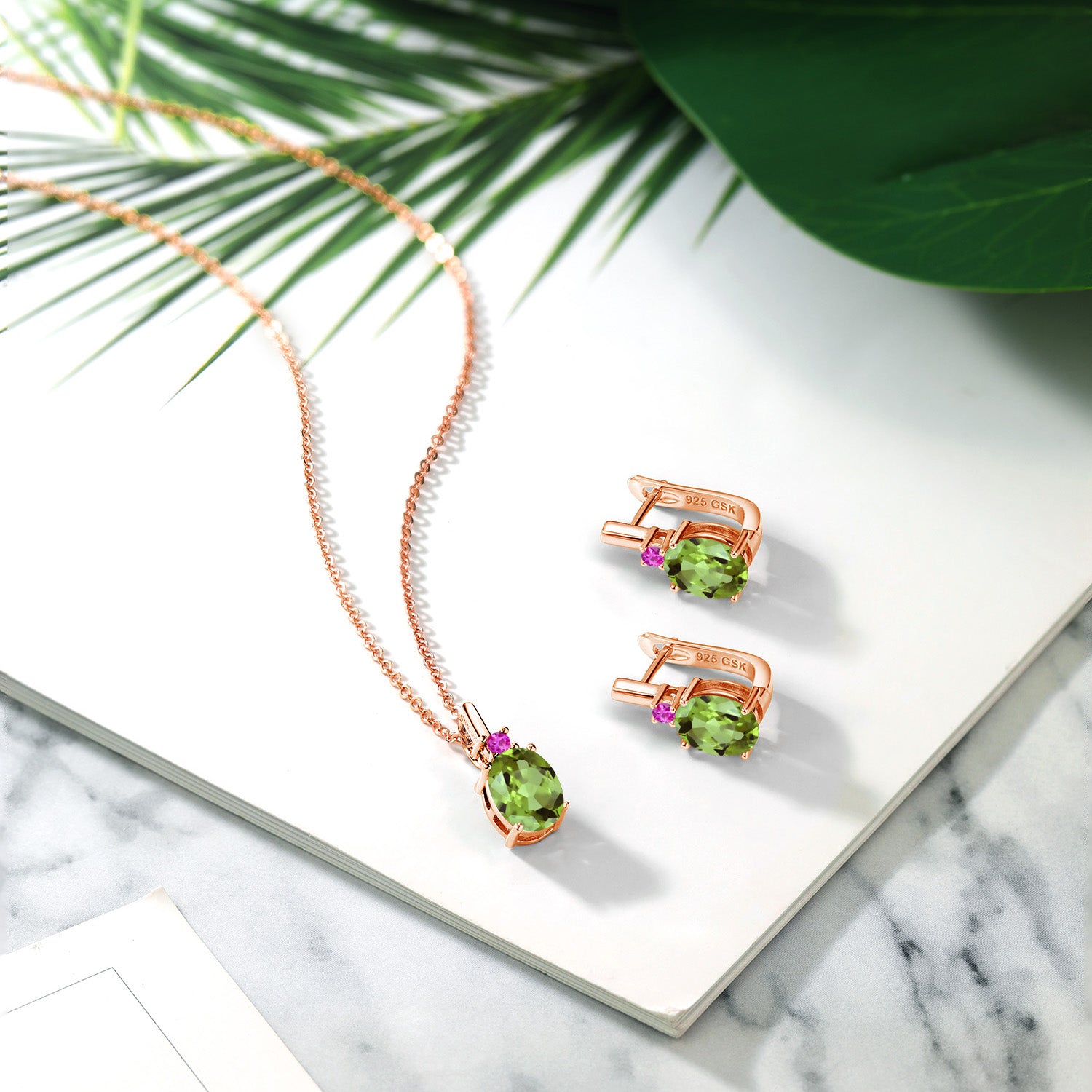 Peridot - August_Pendant Earrings Set in 925 Rose Gold Plated Silver