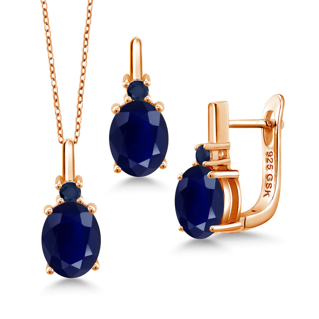 Blue Sapphire - September_Pendant Earrings Set in 925 Rose Gold Plated Silver