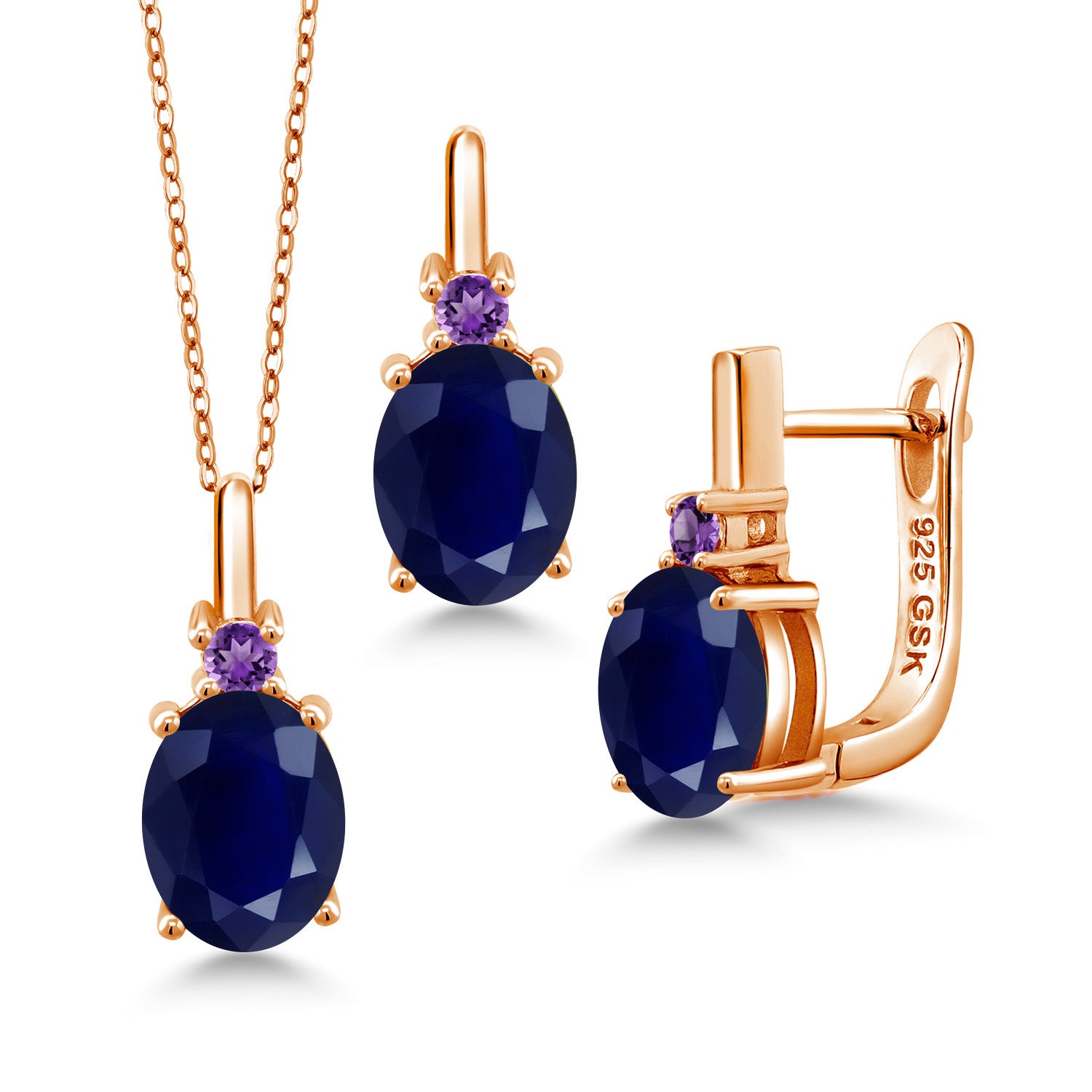 Blue Sapphire - September_Pendant Earrings Set in 925 Rose Gold Plated Silver
