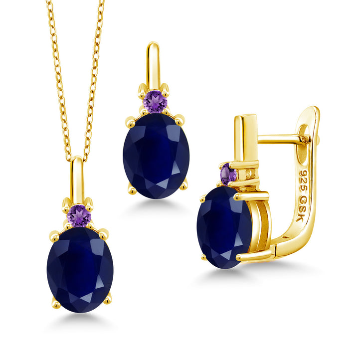 Blue Sapphire - September_Pendant Earrings Set in 925 Yellow Gold Plated Silver