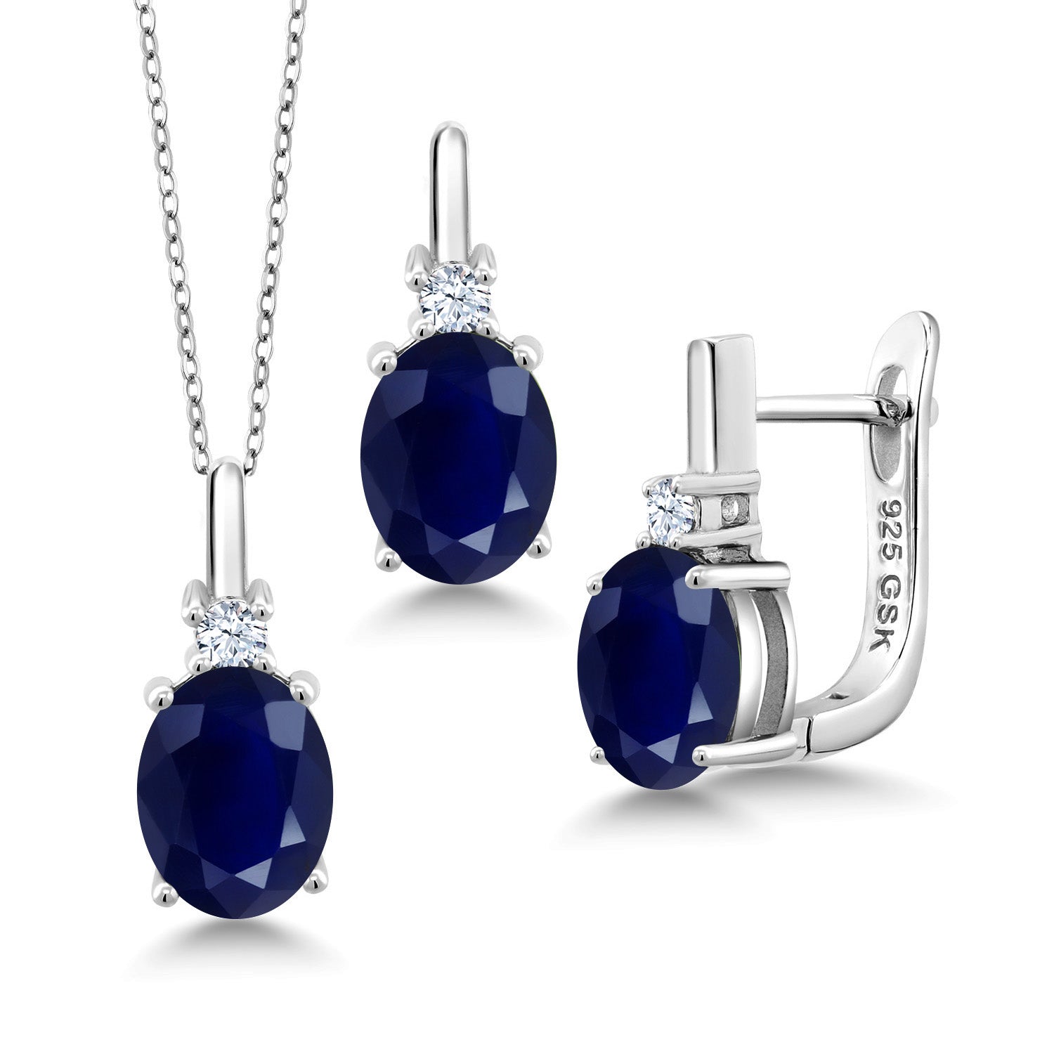 925 Sterling Silver Blue Sapphire and White Created Sapphire Pendant and Earrings Jewelry Set For Women (7.55 Cttw, with 18 Inch Silver Chain)