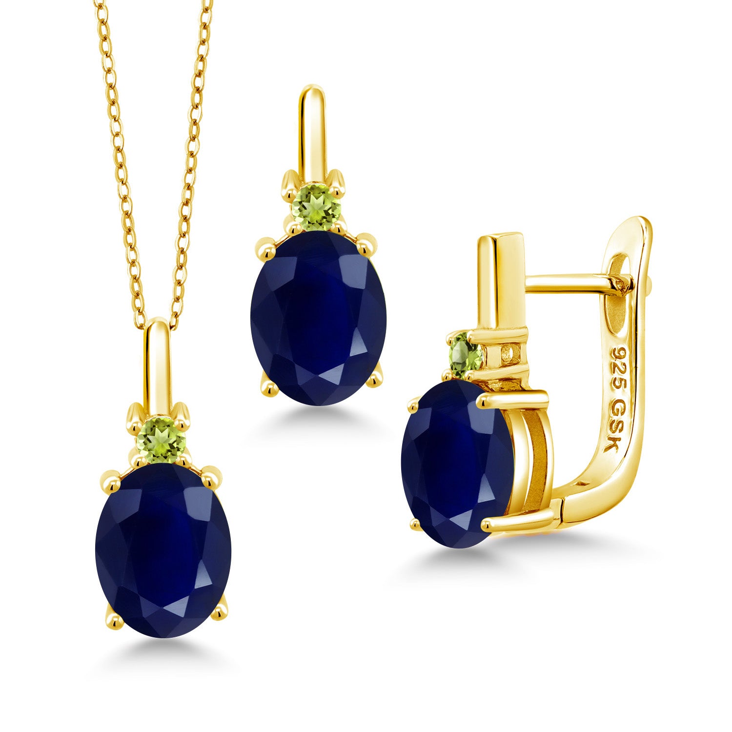 Blue Sapphire - September_Pendant Earrings Set in 925 Yellow Gold Plated Silver