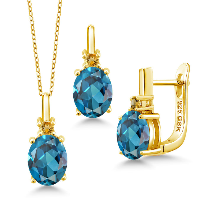 London Blue Topaz - November_Pendant Earrings Set in 925 Yellow Gold Plated Silver