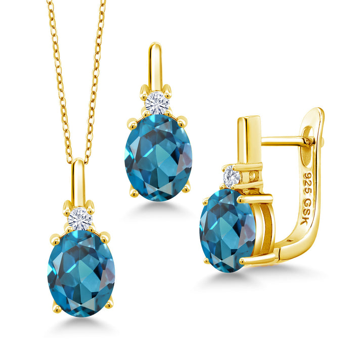 London Blue Topaz - November_Pendant Earrings Set in 925 Yellow Gold Plated Silver
