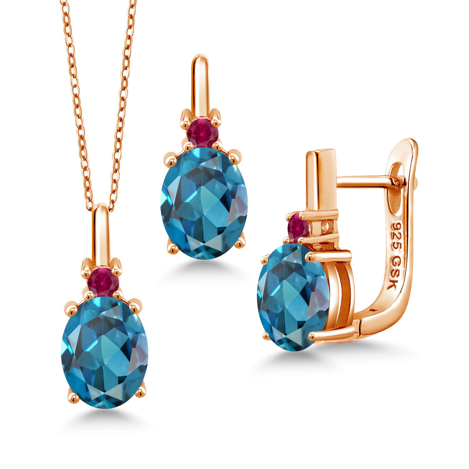 London Blue Topaz - November_Pendant Earrings Set in 925 Rose Gold Plated Silver