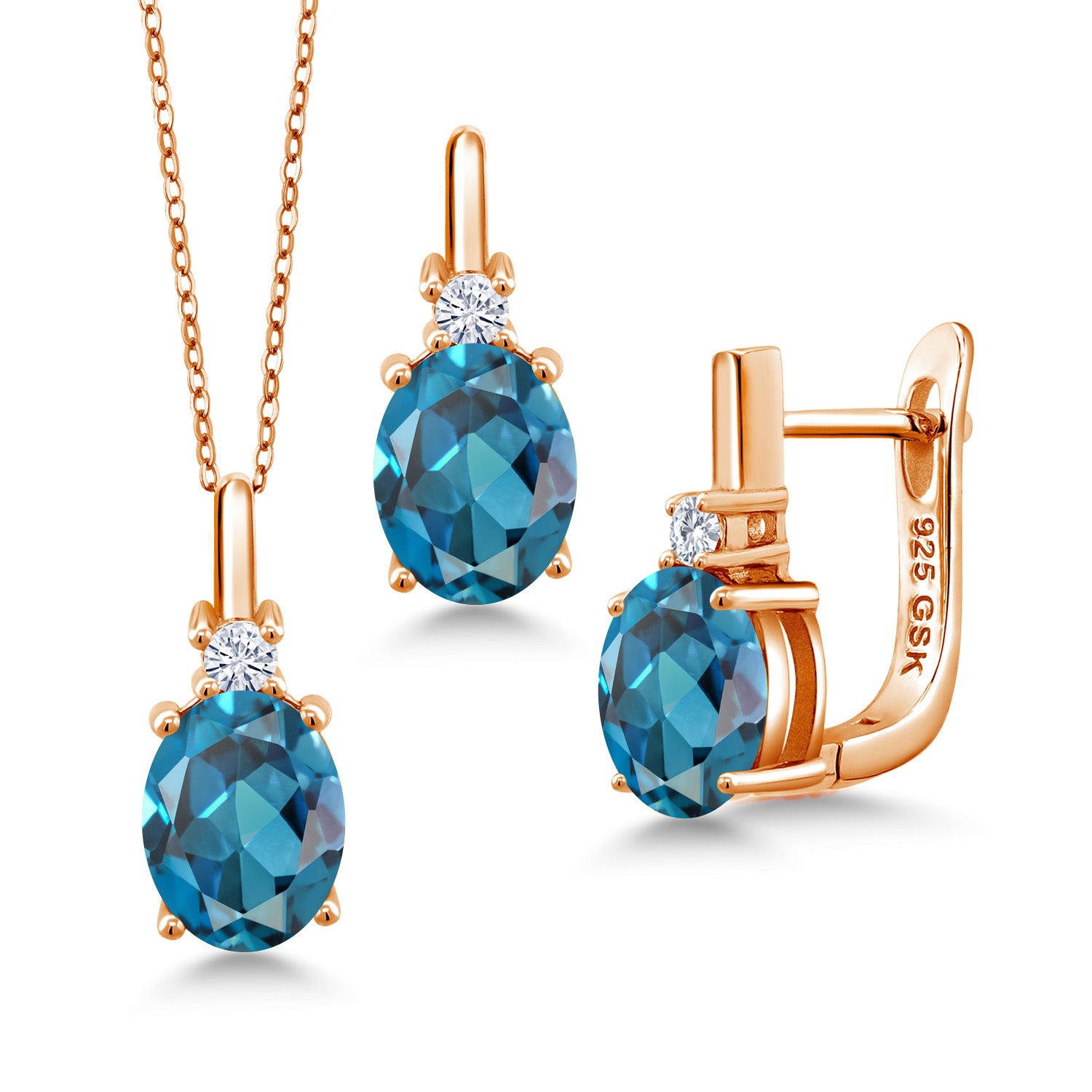 London Blue Topaz - November_Pendant Earrings Set in 925 Rose Gold Plated Silver
