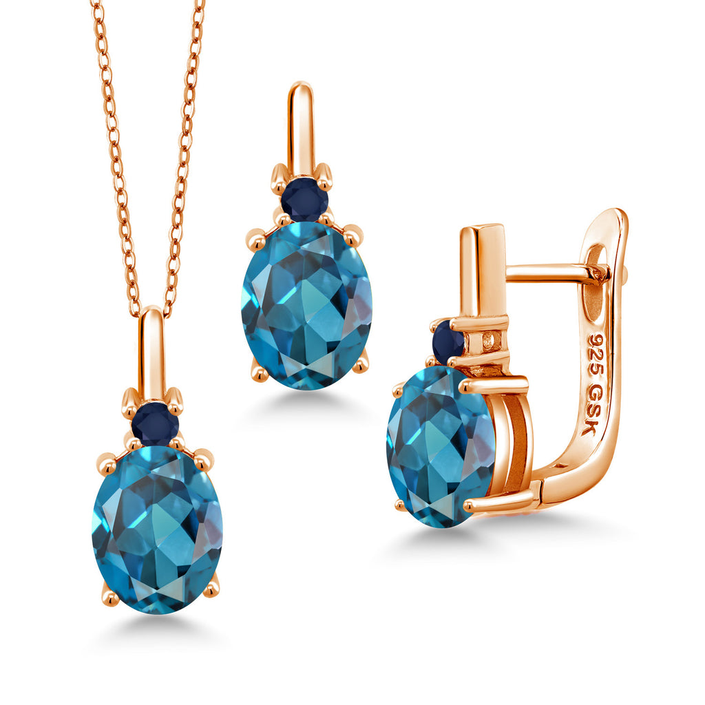 London Blue Topaz - November_Pendant Earrings Set in 925 Rose Gold Plated Silver