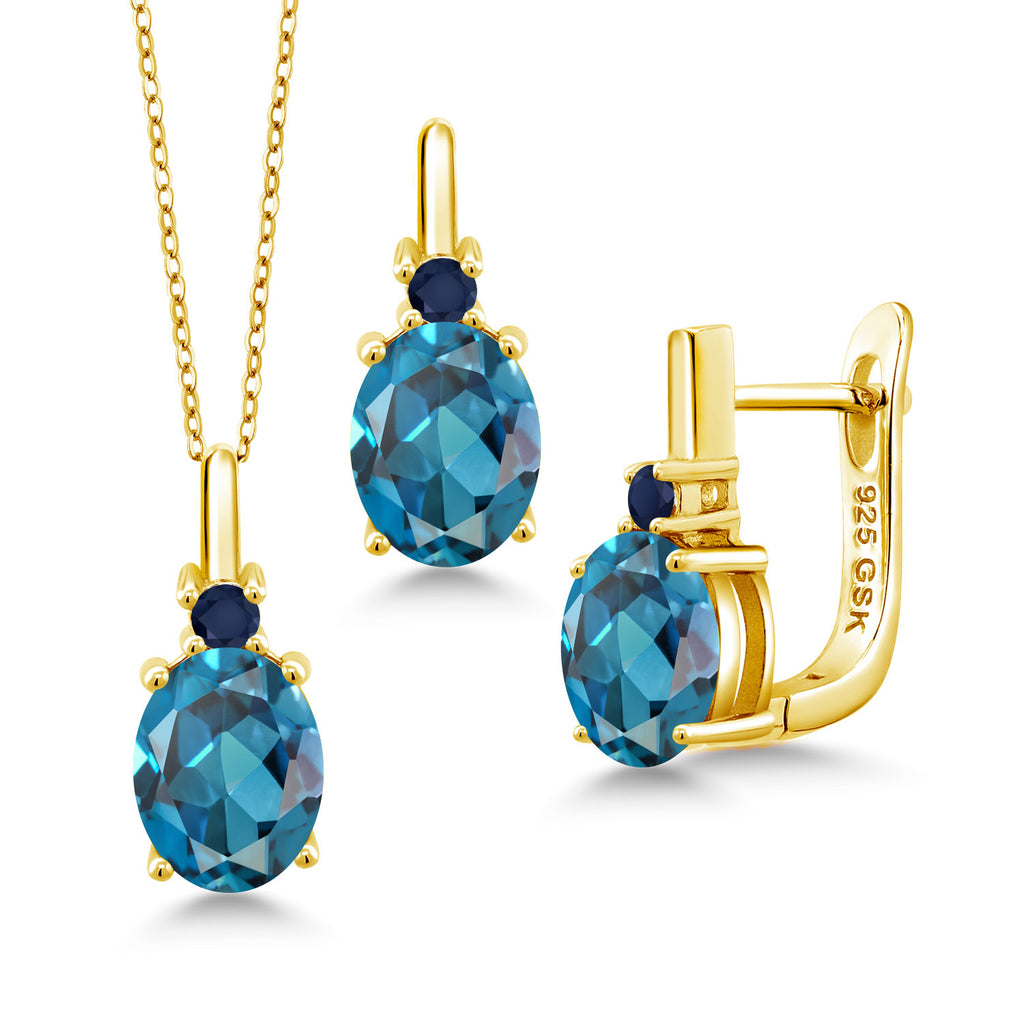 London Blue Topaz - November_Pendant Earrings Set in 925 Yellow Gold Plated Silver