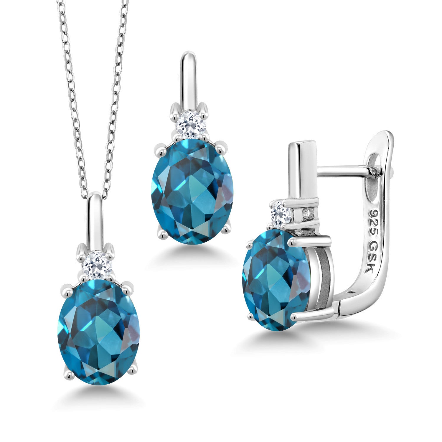 925 Sterling Silver London Blue Topaz and White Topaz Pendant and Earrings Jewelry Set For Women (6.84 Cttw, with 18 Inch Silver Chain)