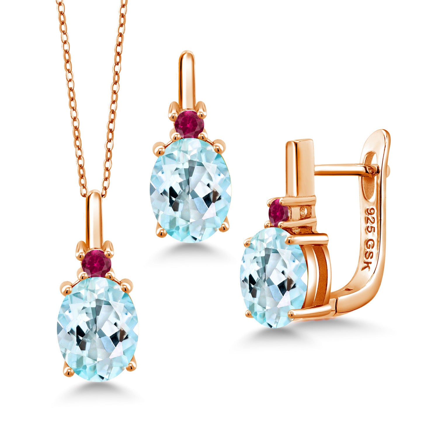 Sky Blue Topaz - November_Pendant Earrings Set in 925 Rose Gold Plated Silver