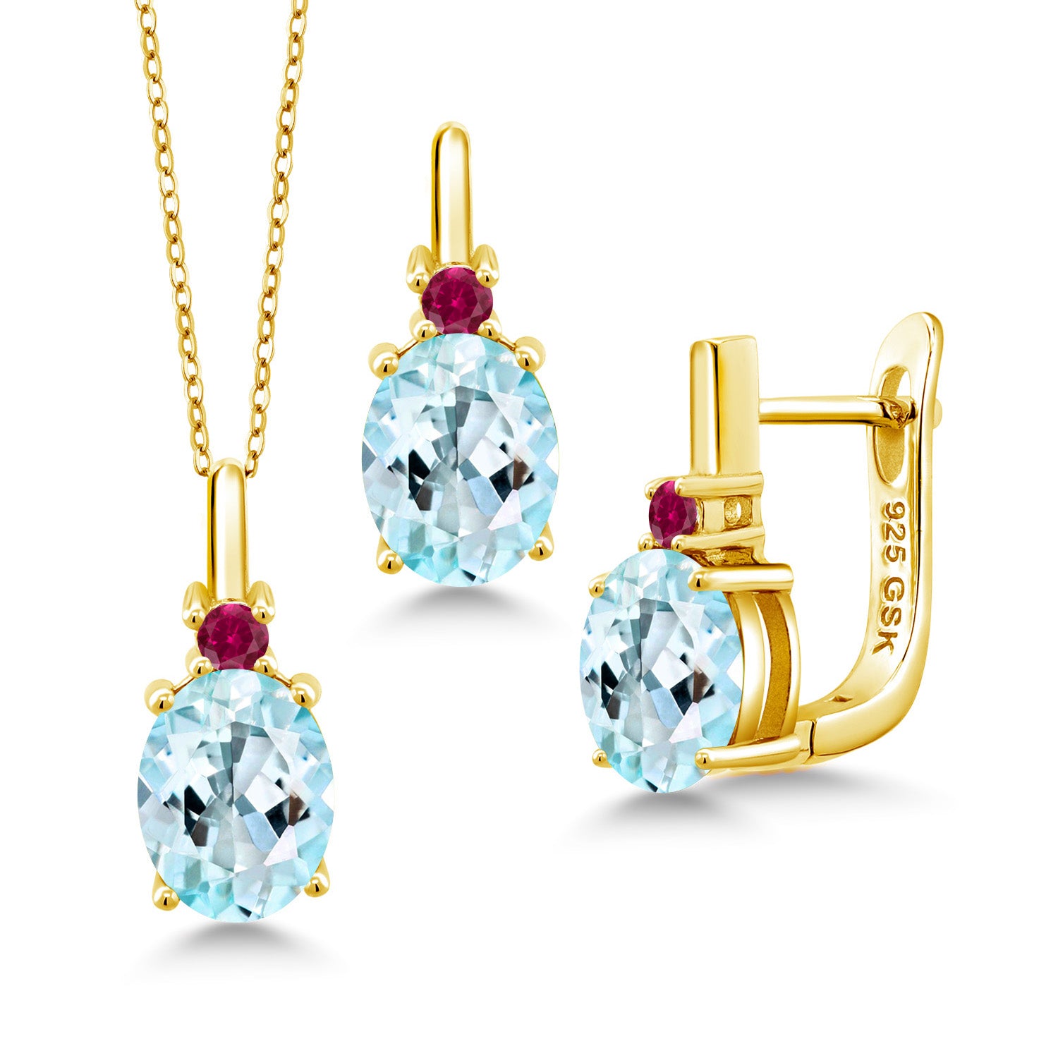 Sky Blue Topaz - November_Pendant Earrings Set in 925 Yellow Gold Plated Silver