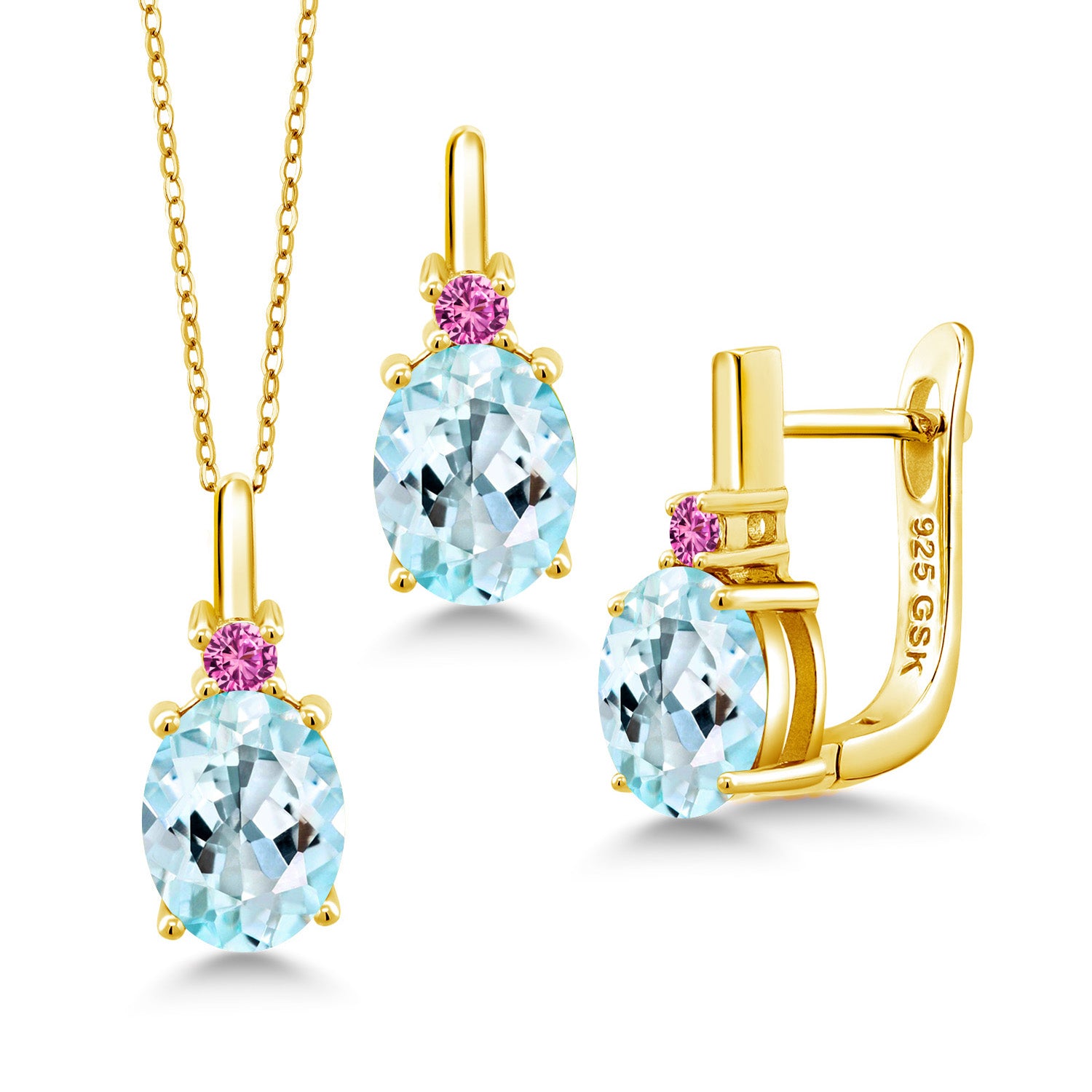 Sky Blue Topaz - November_Pendant Earrings Set in 925 Yellow Gold Plated Silver