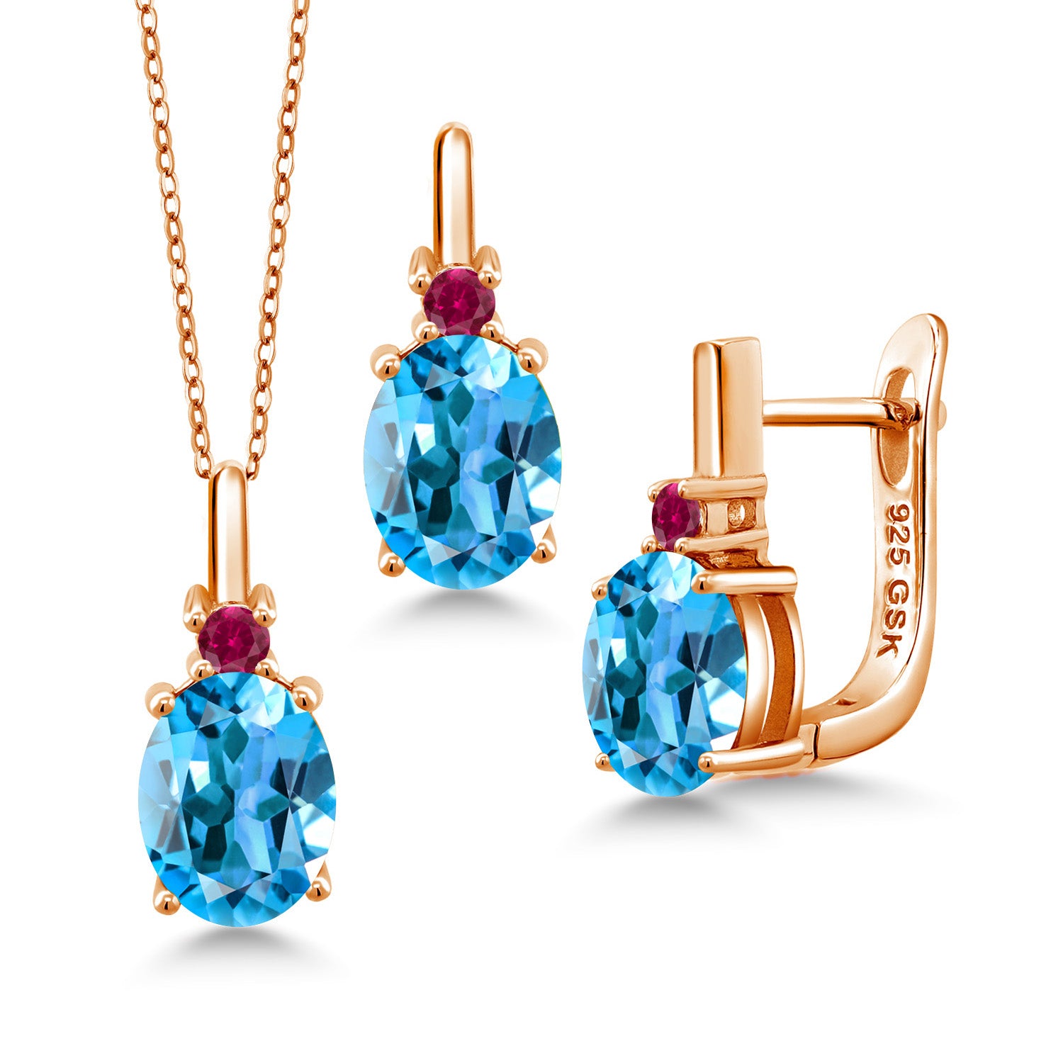 Swiss Blue Topaz - November_Pendant Earrings Set in 925 Rose Gold Plated Silver