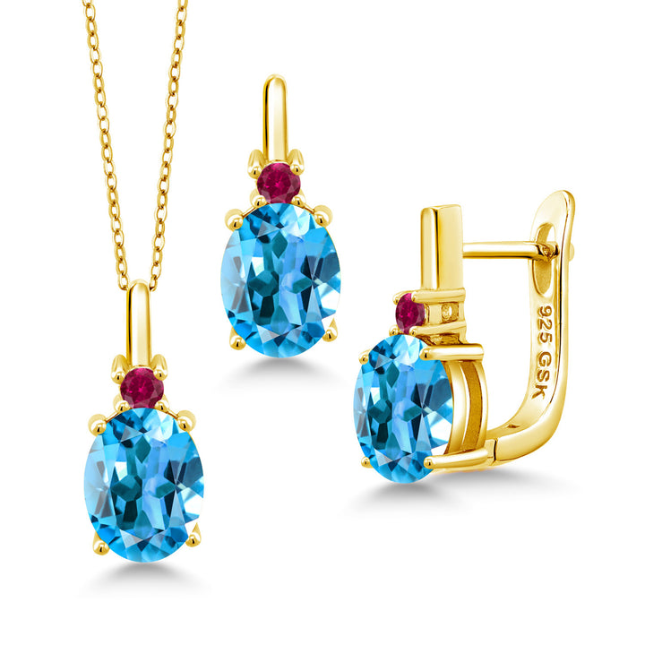 Swiss Blue Topaz - November_Pendant Earrings Set in 925 Yellow Gold Plated Silver