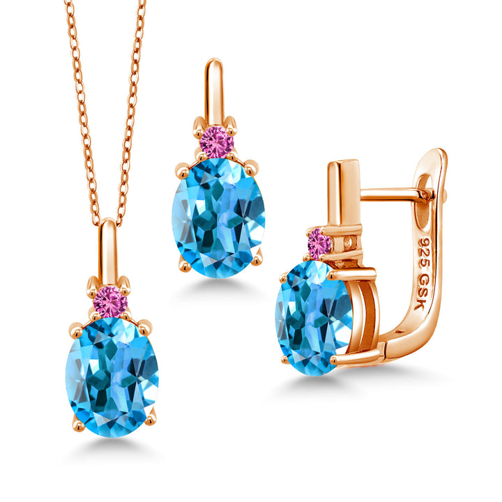 Swiss Blue Topaz - November_Pendant Earrings Set in 925 Rose Gold Plated Silver