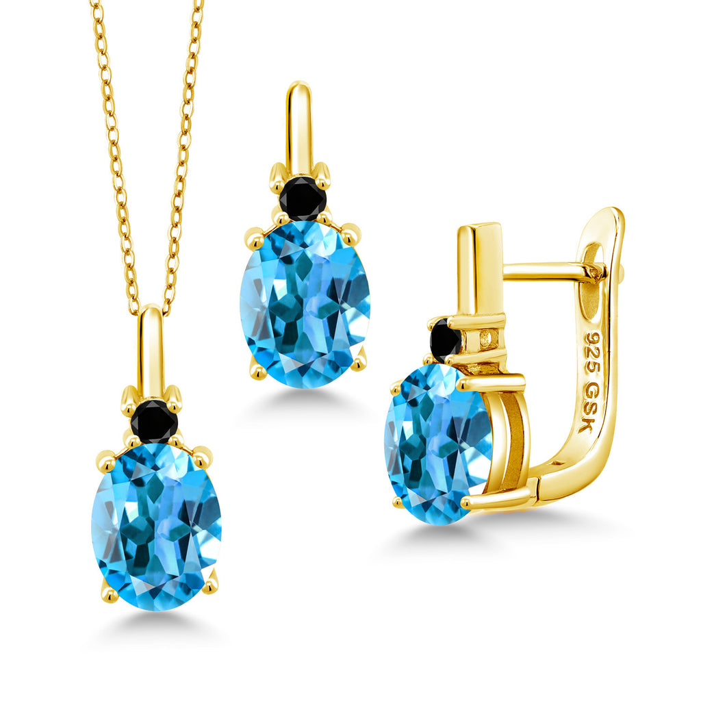 Swiss Blue Topaz - November_Pendant Earrings Set in 925 Yellow Gold Plated Silver
