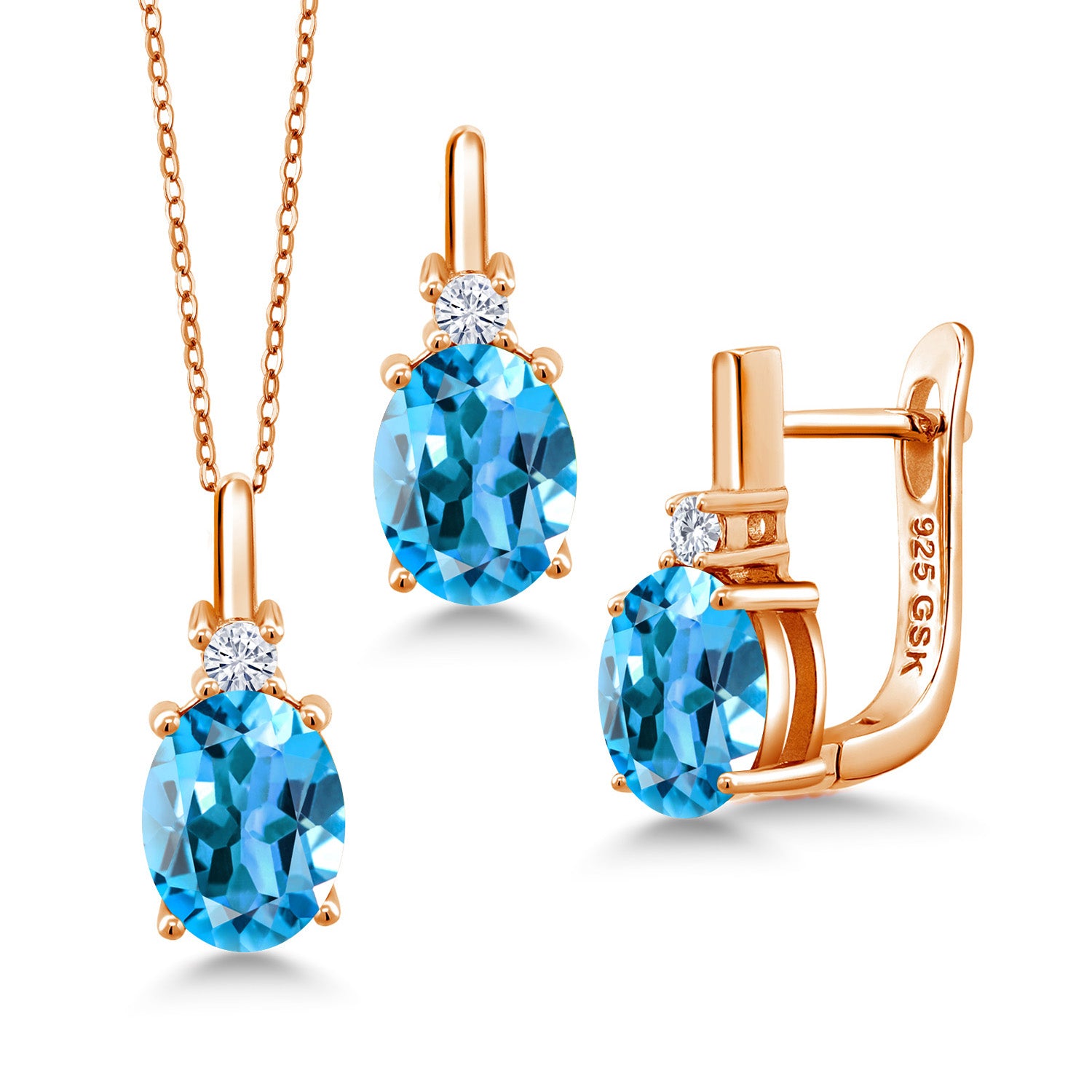 Swiss Blue Topaz - November_Pendant Earrings Set in 925 Rose Gold Plated Silver